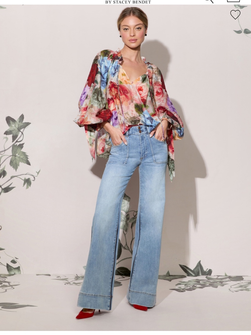 Alice and Olivia Norah Ruffle Peasant Top Cotton Silk Red Blue Floral Sz S - Picture 2 of 13